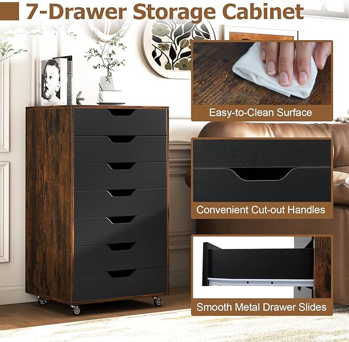 7 Drawer File Cabinet, 34.5" Vertical Storage Drawer Cart, Under Desk Office Organizer, Wooden Printer Stand, Rolling Filing Cabinet for Home Office (Rustic Brown)