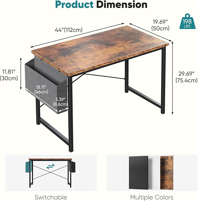 OLIXIS Computer Desk 44 Inch Home Office Desks for Small Spaces, Gaming Writing Study Work Table with Storage Bag for Bedroom, Rustic Brown