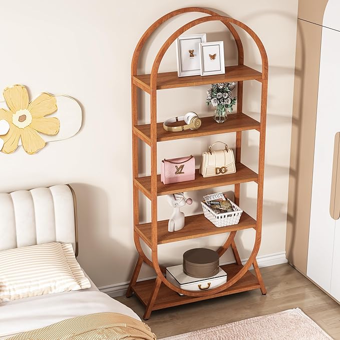 Tribesigns 5-Tier Open Bookshelf, 70.8" Tall Arched Bookcase, Modern Brown Storage Bookshelves, Freestanding Display Rack Shelving Unit for Office, Bedroom, Living Room, Easy Assembly