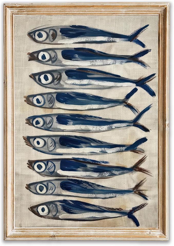 Vintage Canvas Wall Art Decor, Sardine Still Life Farmhouse Wall Prints for Kitchen, Nautical Fish Coastal Home Art, Rustic Posters for Living Room Aesthetic, Unframed Painting Artwork, 16"x24"