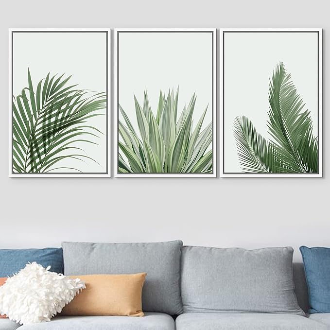 SIGNFORD Framed Canvas Print Wall Art Set Rustic Green Retro Tropical Jungle Plants Nature Wilderness Photography Modern Minimal Scenic Relax/Calm for Living Room, Bedroom, Office - 16"x24"x3 White