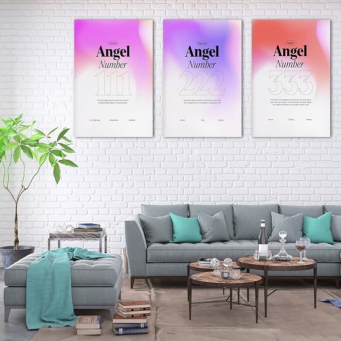Colorful Gradient Angel Numbers Poster Canvas Print Artwork Room Decor for Bedroom Aesthetic, 3 Piece Framed Inspirational Minimalist Art Paintings Decor for Bedroom Office 24"x36" x 3 Pcs