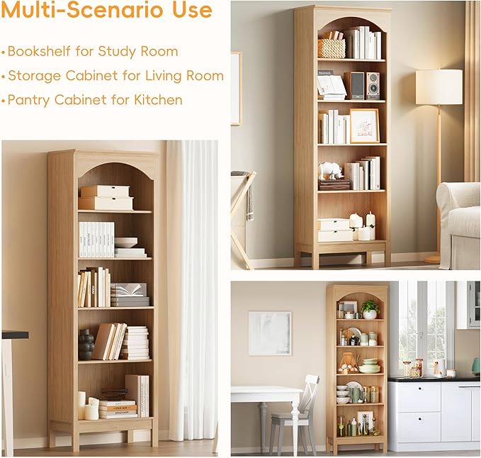 Arched Bookshelf with 5 Tier Open Shelves, 71" Tall Wood Bookcase with Adjustable Shelves, 24" Wide Floor Standing Display Storage Shelf for Home Office, Kitchen, Study and Living Room, Natural Oak