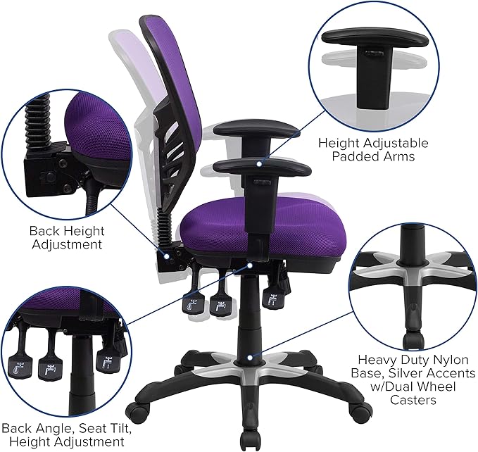 Flash Furniture Nicholas Mid-Back Swivel Office and Gaming Chair, Ergonomic Mesh Office Chair with Adjustable Lumbar Support and Height, Purple