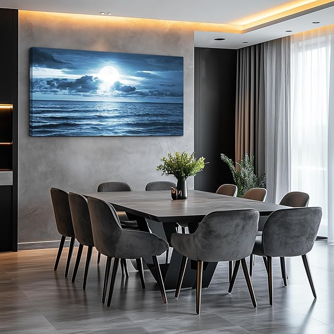 wall art for living room Decorations Photo Prints - blue sea view The moon Landscape - Modern Home Decor The room Stretched and Framed Ready to Hang artwork (Blue Ocean&Moon, 30x 60inch x 1pcs)
