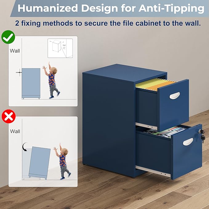 2 Drawer File Cabinet with Lock, Metal File Cabinet for Home Office, Under Desk Storage, Printer Stand, for Letters and File Boxes, Assembly Required, Blue