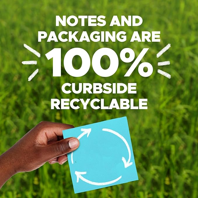 Post-it 100% Recycled Paper Super Sticky Notes, 3 in. x 3 in., 5 Pads, 70 Sheets per Pad, Oasis Collection, School Supplies and Office Products