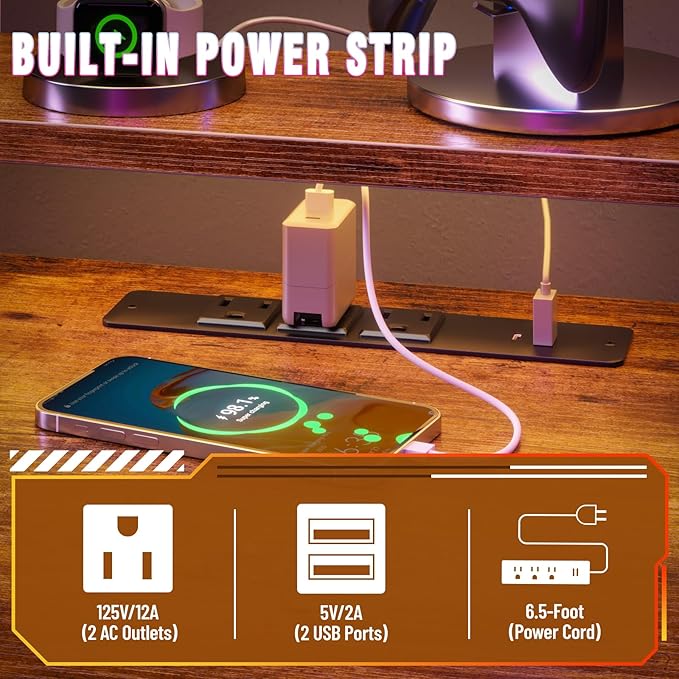 Furologee 66" L Shaped Computer Desk with Power Outlet & LED Lights, Reversible Corner Home Office Desk with 2 Drawers & Storage Shelves for Gaming, Large PC Table with Monitor Stand, Rustic Brown