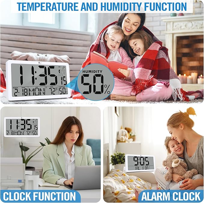TXL Atomic Digital Wall Clock, Battery Operated with Temperature & Humidity, Auto DST, Date & Weekday, Easy Set Alarm, for Living Room, Bedroom, Office & Classroom (White)