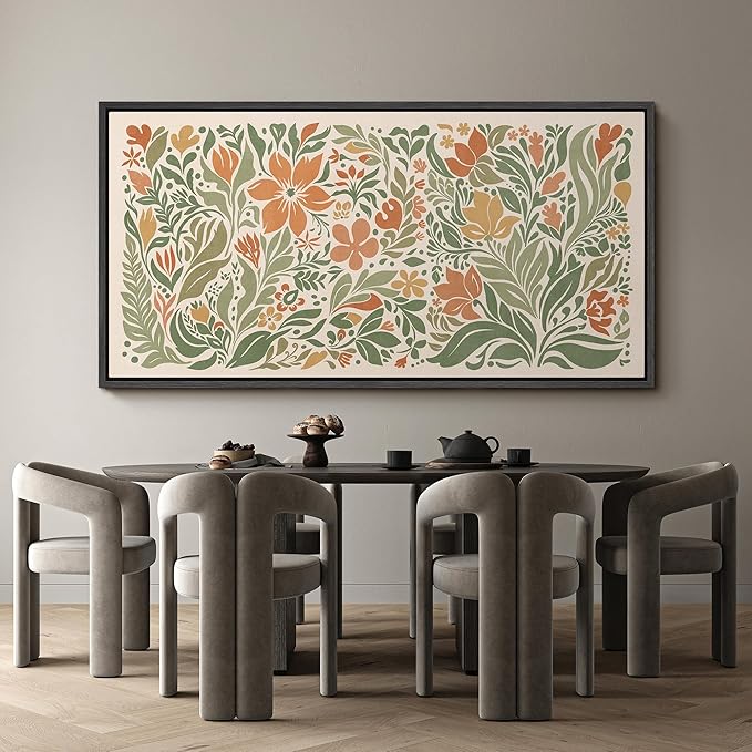 SIGNFORD Extra Large Framed Canvas Folk Floral Garden in Earth Tones Illustrations Modern Art Calm Warm for Living Room, Bedroom, Office - 60"x30"