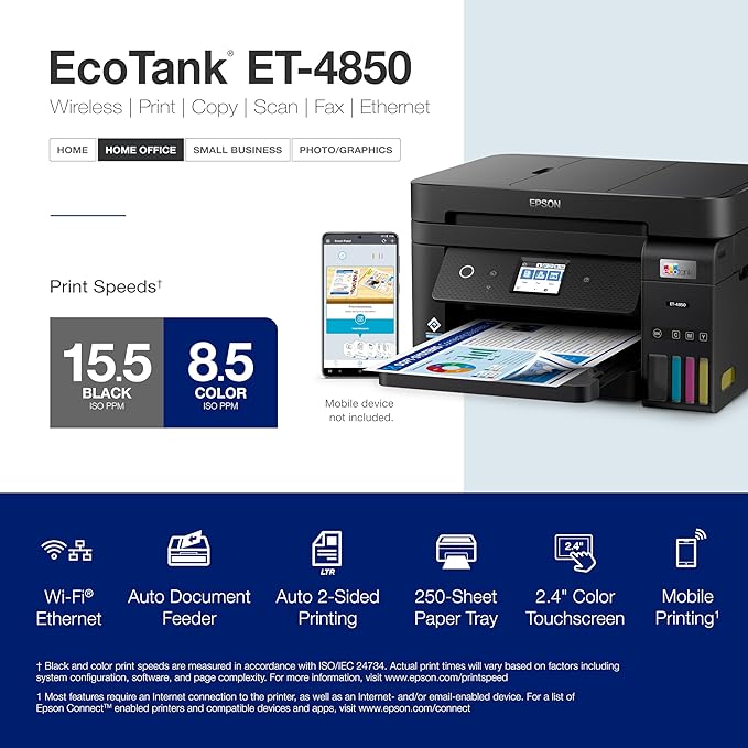 Epson EcoTank ET-4850 Wireless All-in-One Cartridge-Free Supertank with Scanner Copier, Fax, ADF and Ethernet, The Perfect Office Printer - Black (Renew) (Renewed)