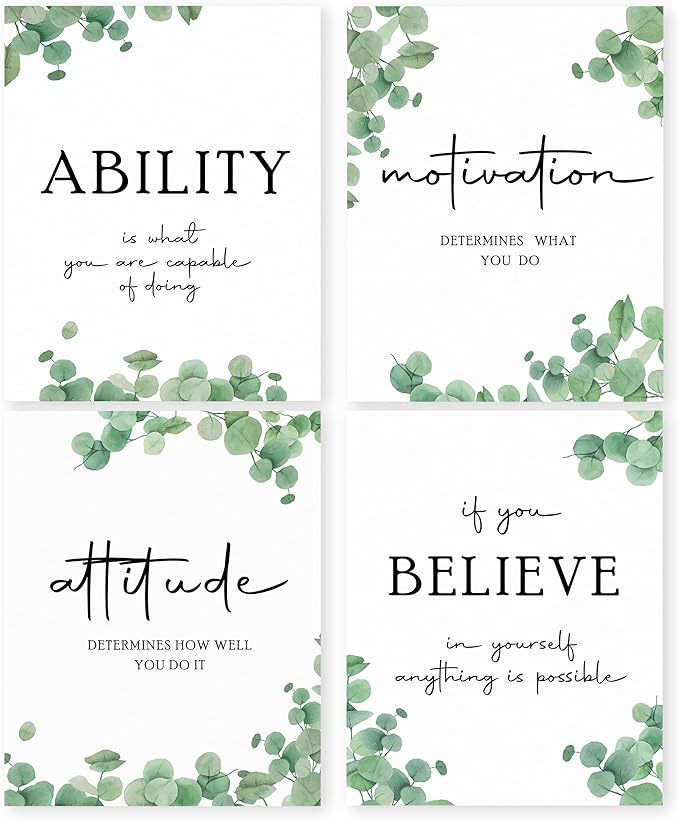 HRQKO Office Inspirational Quotes Wall Art Poster Prints Set of 4, Motivational Wall Art, Eucalyptus Decor Artwork Prints Posters Wall Decor, Affirmations Prints for Office Women Men 8”x10” Unframed