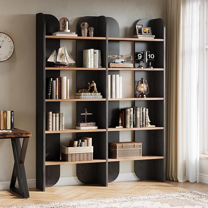Tribesigns 5-Tier Farmhouse Bookshelf, 70.87-Inch Tall Double Wide Bookcase with Open Shelves, Vintage Floor Standing Book Shelf (1, Black+Brown)