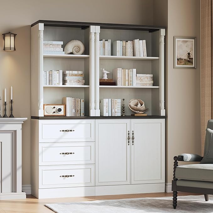 Bookshelf with Drawers, 71" Tall Wood Bookcase with Adjustable Shelf, 24" Wide Book Shelf, Floor Standing Display Storage Cabinet for Home Office, Study and Living Room, Antique White