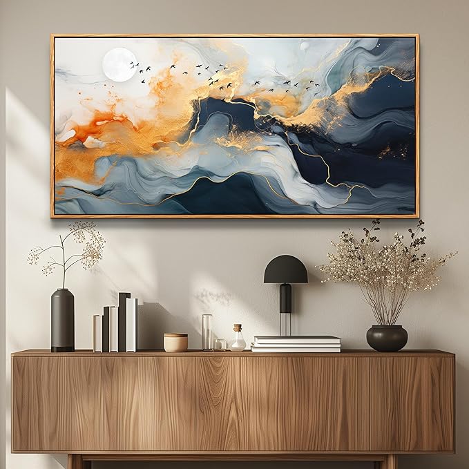 MHARTK66 Abstract Wall Art Large Canvas Picture Ready to Hang Marble Fluid Art with Gold Foil Moon & Bird Design Wood Frame Home Decor for Living Room Bedroom Office Wall Decorative Artwork