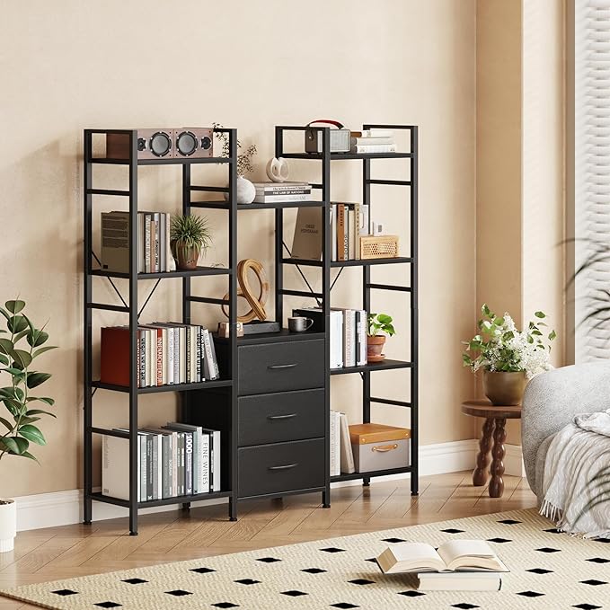 Triple Bookshelf with 3 Fabric Drawers, 4-Tier Book Shelf and 10 Display Shelves, Industrial Large Bookcase for Home & Office, Black, 47'' Wide