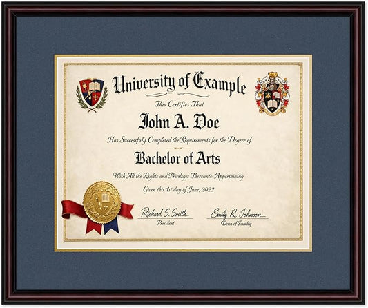 CountryArtHouse Diploma Frame Fits 17 x 13 International Diploma - Keepsake Graduation Display Executive Brown Genuine Hardwood with Navy Blue Over Metallic Gold Double mat