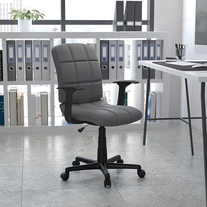 Flash Furniture Clayton Mid Back Swivel Task Chair with Arms - Gray Vinyl Upholstery - Tufted Back and 360° Swivel