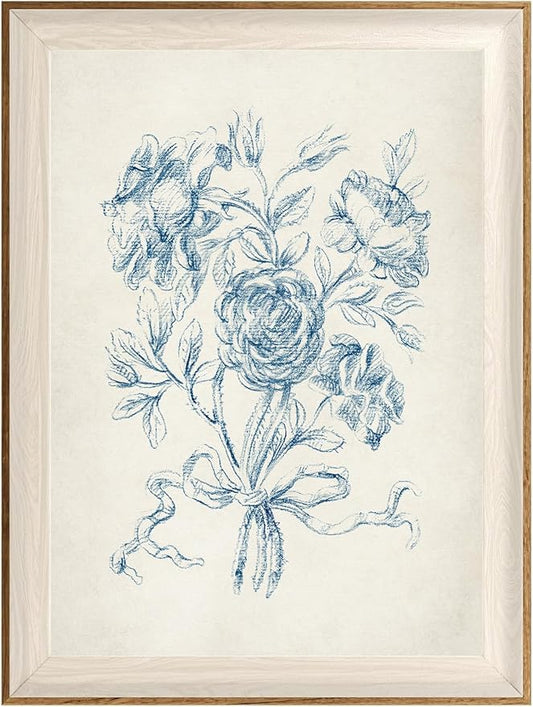 ASTRDECOR Framed Vintage Wall Art for Bathroom, Botanical Blue Wall Art for Home Decor Aesthetic, Victorian Blue Rose Bouquet Sketch Painting Floral Canvas Art Prints, Antique Flower Pictures for Living Room - 12''x16''