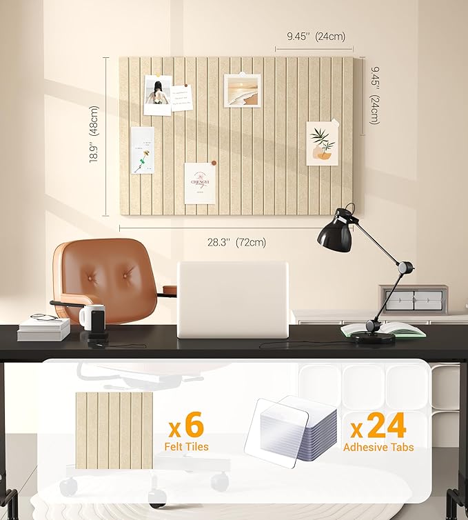 1/2" Thick Cork Board for Office, 6 Pack Felt Wall Tiles -28"x18" with Safe Adhesive Tabs, Large Bulletin Board, Push Pin Board Organizer Wall - Tan