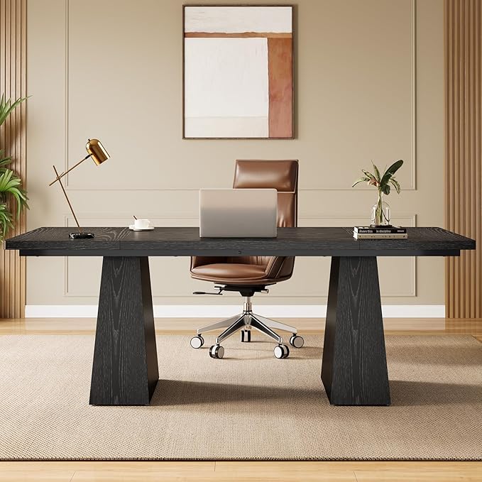 Tribesigns 63-Inch Executive Desk, Modern Black Office Computer Desk with Sturdy Double Pedestal, Large Study Writing Table Simple Workstation for Home Office