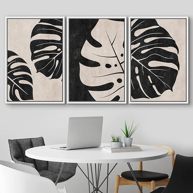 IDEA4WALL Framed Canvas Print Wall Art Set Tan Black Tropical Jungle Safari Monstera Leaves Abstract Shapes Illustrations Modern Art Nordic for Living Room, Bedroom, Office - 16"x24"x3 White
