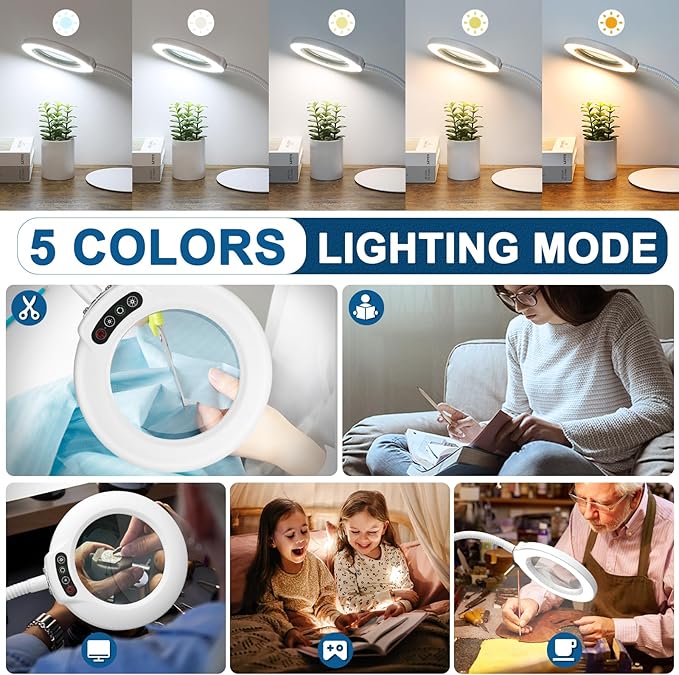 10X Magnifying Glass with Light, Real Glass Lens, 5 Color Modes Dimmable, Flexible Gooseneck Lighted Magnifier with Stand, LED Desk Lamp Hands Free for Crafts Painting Reading Close Work, White