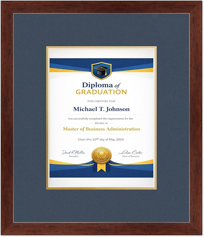 Diploma Frame Rustic Walnut with Navy Blue Over Gold Double Mat - Fits 8.5 x 11 Certificate (Portrait) Wall Display Made in the USA