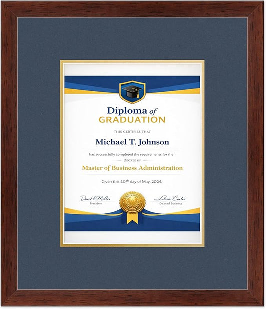 Diploma Frame Rustic Walnut with Navy Blue Over Gold Double Mat - Fits 8.5 x 11 Certificate (Portrait) Wall Display Made in the USA