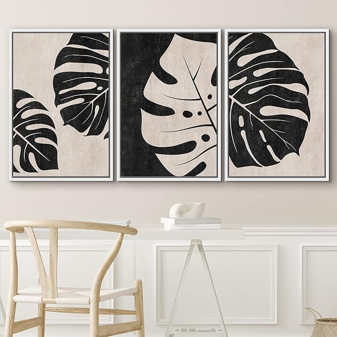 IDEA4WALL Framed Canvas Print Wall Art Set Tan Black Tropical Jungle Safari Monstera Leaves Abstract Shapes Illustrations Modern Art Nordic for Living Room, Bedroom, Office - 24"x36"x3 White