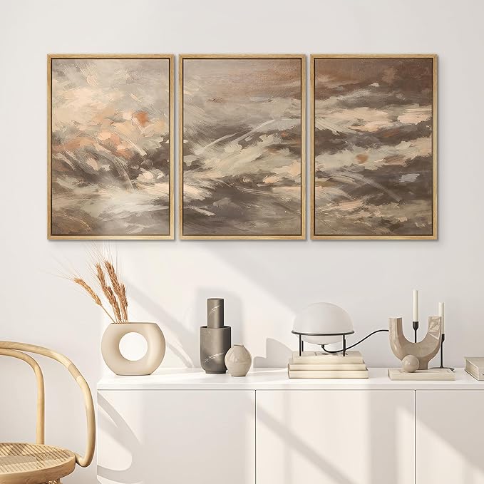 SIGNWIN Framed Canvas Print Wall Art Set Warm Earth Tone Brushstroke Abstract Illustrations Modern Art Decorative Boho Relax/Zen Nordic for Living Room, Bedroom, Office - 24"x36"x3 Natural