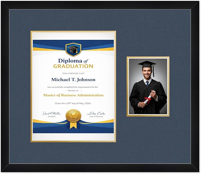 Diploma Frame With Photo Opening Matte Black Navy Blue Over Gold Mat - Fits 10 x 13 Degree and Picture Made in the USA
