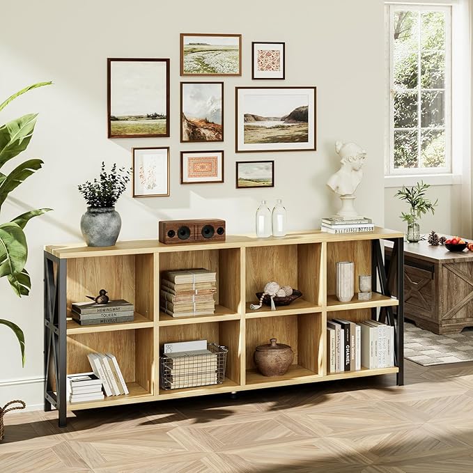 63" 8 Cube Horizontal Bookshelf Long Bookshelf Wood Cube Storage Organizer Wood Cubby Bookcase for Living Room Maple
