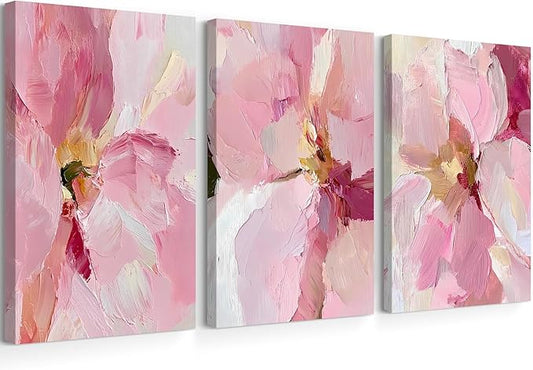 Abstract Floral Wall Art Pink Flower Canvas Pictures Modern Wall Decor Blush Pastel Pink Prints Peony Painting Minimalist Poster Botanical Artwork for Bedroom Living Room 16x24x3 Inch Ready to Hang