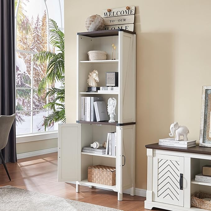 71" Tall Bookshelf, 5 Tier Bookcase with Adjustable Shelves and Barn Doors, White Farmhouse Bookshelf with Storage Cabinet, Wood Freestanding Display Bookshelves for Bedroom, Living Room