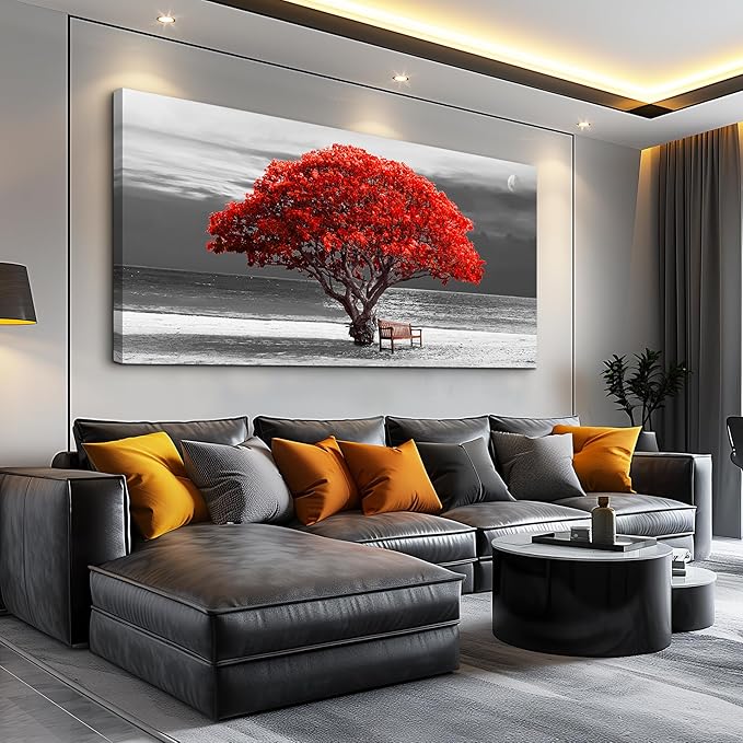 wall art for living room Decorations Photo Prints - panoramic black and white with red trees The moon Landscape - Modern Home Decor The room Stretched and Framed Ready to Hang artwork 30x60inches