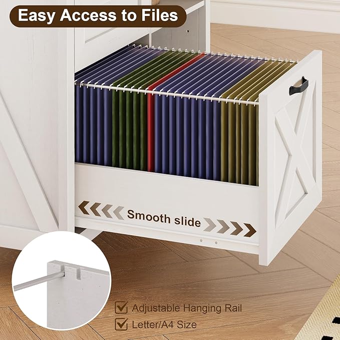3 Drawer File Cabinet, Farmhouse Lateral Filing Cabinet Fits Files Letter or A4 Size, Wooden Printer Stand with Open Storage Adjustable Shelf for Home Office, White and Black