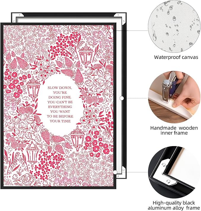 Slow Down You're Doing Fine Music Posters Motivational Quote Pink Wall Art Vintage Floral Positive Daily Reminder Song Lyrics Canvas Print Aesthetic Office Home Decor 16x24inch Aluminum Framed