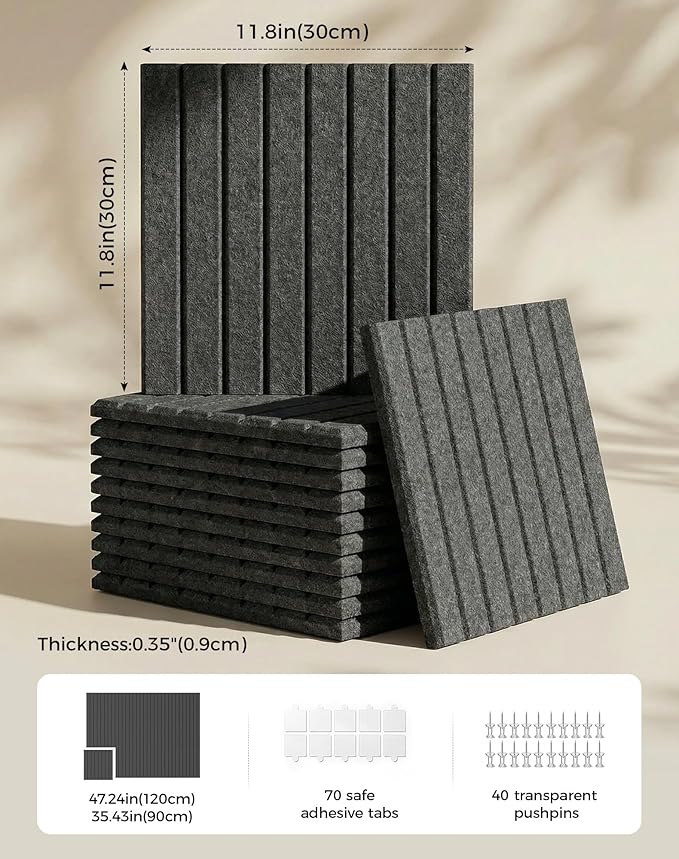 Aothia 12-Pack Large Felt Bulletin Board 48"x36", Modular Pin Board Tiles for Wall, Cork Board Alternative for Office & Classroom, Includes 70 Adhesive Tabs & 40 Pushpins, Charcoal Gray