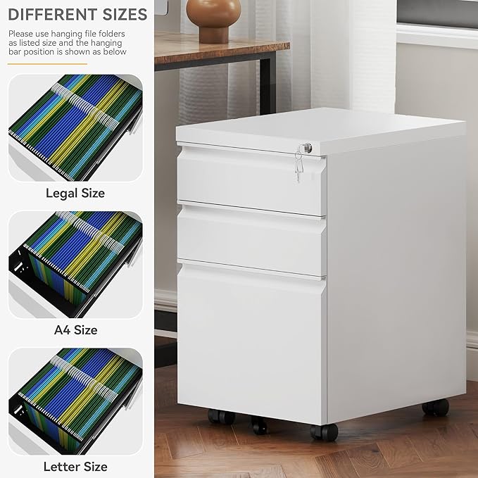 DWVO 3-Drawer Mobile File Cabinet, Pre-Assembled Metal Filing Cabinet for Legal/Letter Size, Lockable Office Storage with 6 Casters, White