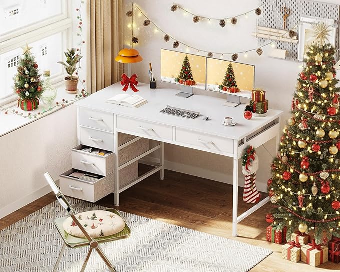 ODK Computer Desk with 6 Drawers, 48 Inch Office Desk with Storage, Reversible Desk with Headphone Hook for Home Office, Work Study Table Vanity for Bedroom, White