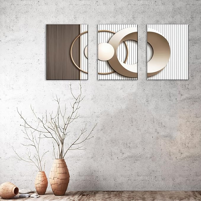 3PCS Modern Geometric Wall Art Set Gold and Beige Abstract Canvas Prints with Solid for Living Room Bedroom Office Minimalist Circle Design Canvas Wall Decor Framed (12inx16in canvas)