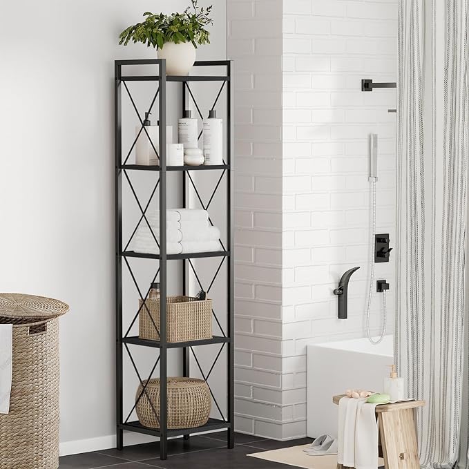 Homhedy 5 Tier Bookshelf, Tall Narrow Bookcase for Small Space, Metal Storage Book Shelf, for Home Office, Living Room, Kitchen, Bedroom, Industrial Style, 10.4" D x 13" W x 55.1" H, Black