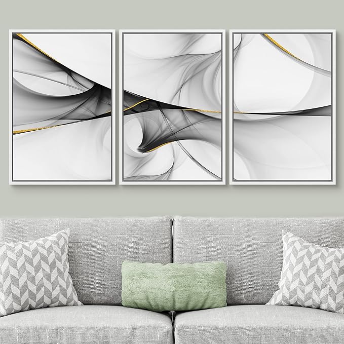 SIGNWIN Framed Canvas Print Wall Art Set 3D Geometric Smoke Wave Landscape Abstract Shapes Illustrations Modern Art Decorative Nordic Zen Chic for Living Room, Bedroom, Office - 24"x36"x3 White