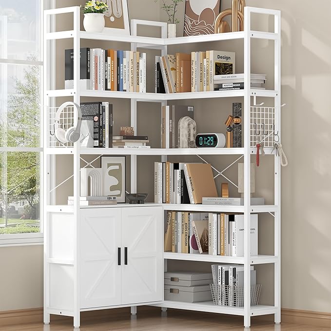 Semoic 6-tire Farmhouse White Corner Book Shelf with 2 Barn Doors and 10 Storage Shelves, 71.3" Tall Convertible Etagere Bookcase with Storage Cabinet, Large L Shaped Bookshelf for Living Room(White)