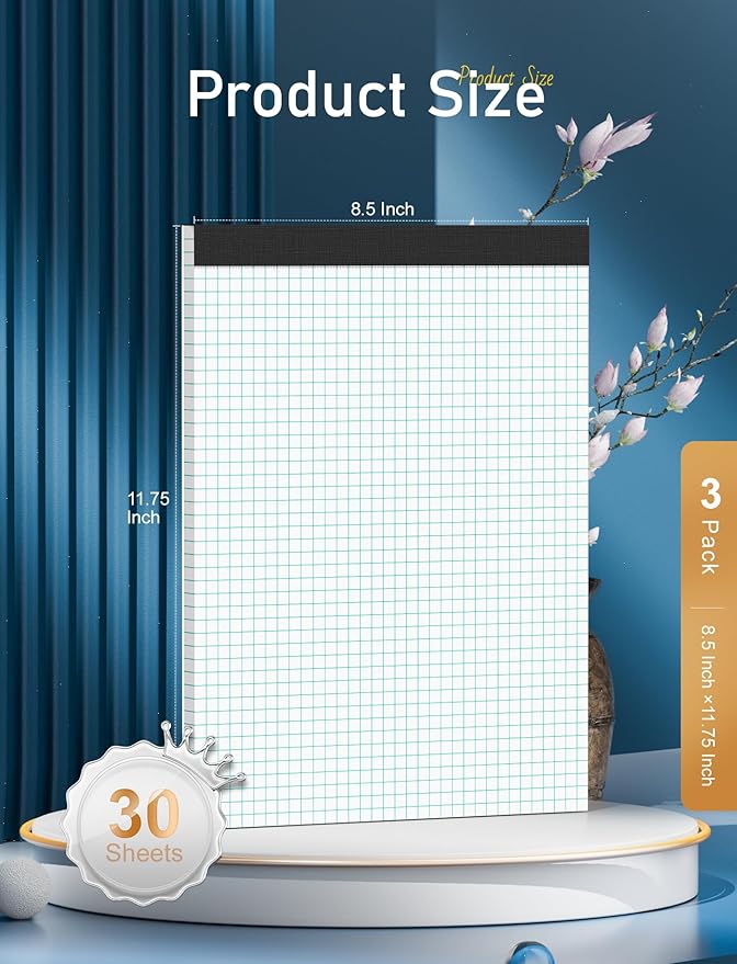 3 Pack Graph Paper Pads 8.5 x 11, 4x4 Quad Ruled Grid Paper Pads 8.5 x 11, 30 Sheets/Pad Graph Paper Notebook 8.5x11, White Quadrille Pad, Easy Tears Off, 70 GSM Graft Paper for Office, School