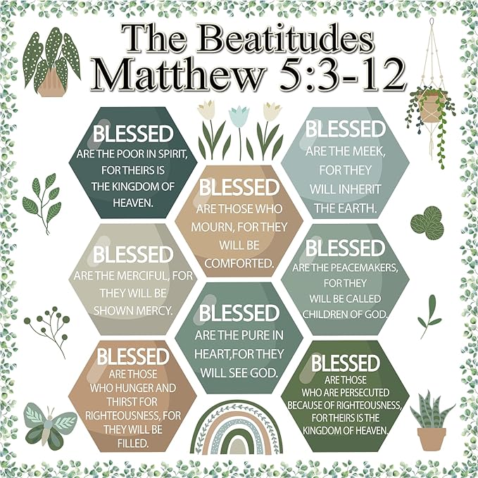 Christian Bulletin Board Decoration The Beatitudes Matthew 5:3-12 Classroom Decoration Motivational Bible Verse Paper Cutouts for Back to School Sunday School Church Parish Decor（Greenery）