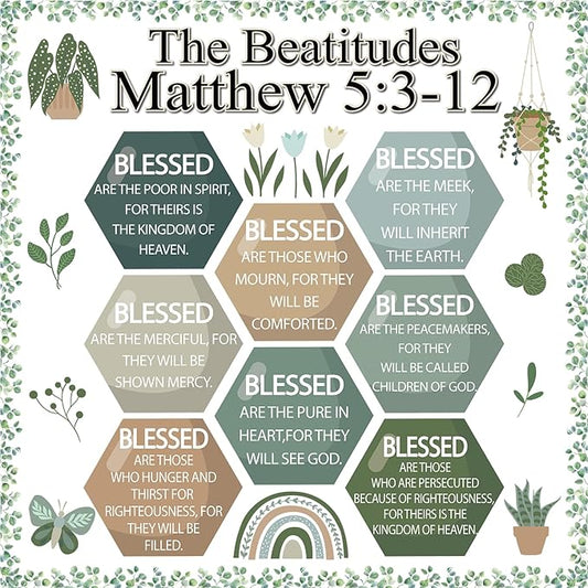 Christian Bulletin Board Decoration The Beatitudes Matthew 5:3-12 Classroom Decoration Motivational Bible Verse Paper Cutouts for Back to School Sunday School Church Parish Decor（Greenery）