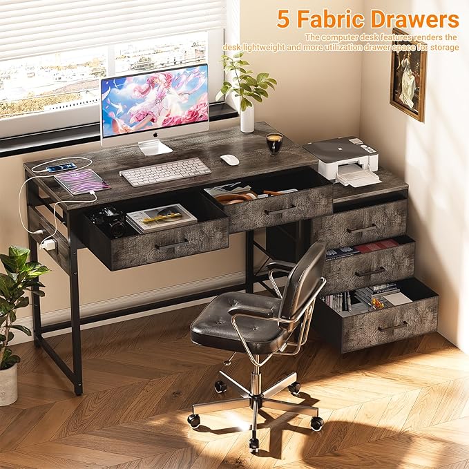 Unikito Computer Desk with 5 Drawers, Reversible Home Office Desk with Power Outlets, Sturdy Writing Desk with File Cabinet and Printer Stand, Vanity Desk with Storage for Small Space, Black Oak