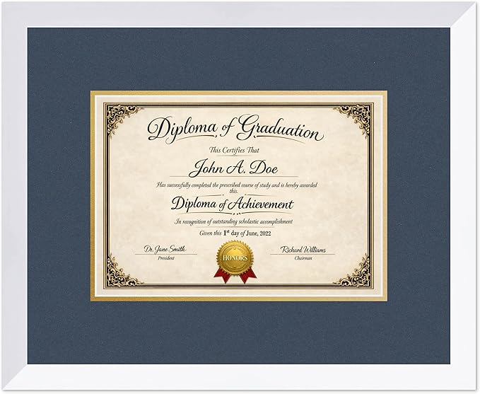 Diploma Frame Bright White with Navy Blue Over Gold Double Mat - Fits 11.69 x 8.27 A4 Certificate Wall Display Made in the USA